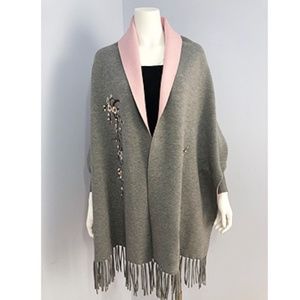 Floral Embroidered Fringed Poncho